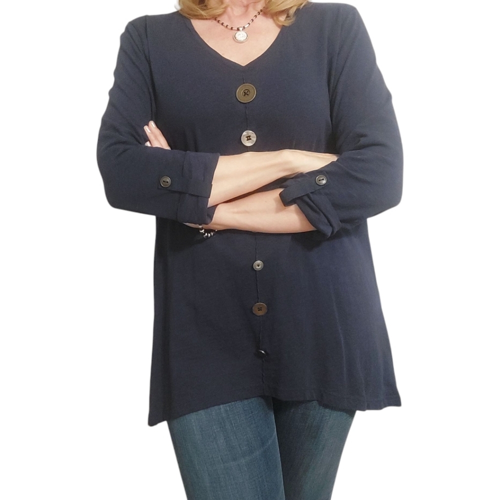 JM Collection Navy V-Neck Button Front Tunic - Picture 3 of 8